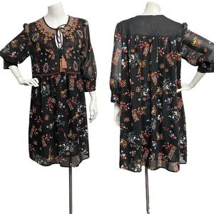 Philosophy Republic Med Black Multicolor Mesh Floral Embroidered Tie Front Dress